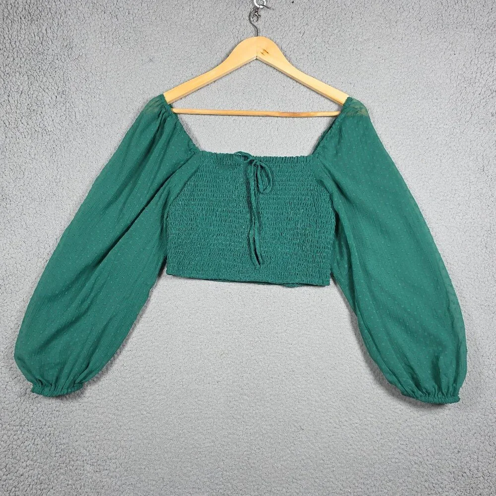 BOG Collective Top Womens Size Medium Pine green Smocked Cropped Blouse BOHO